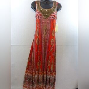 Reba Dress Long Vibrant Colors, Beaded Sleeveless, Lined, Sz S...(FL)